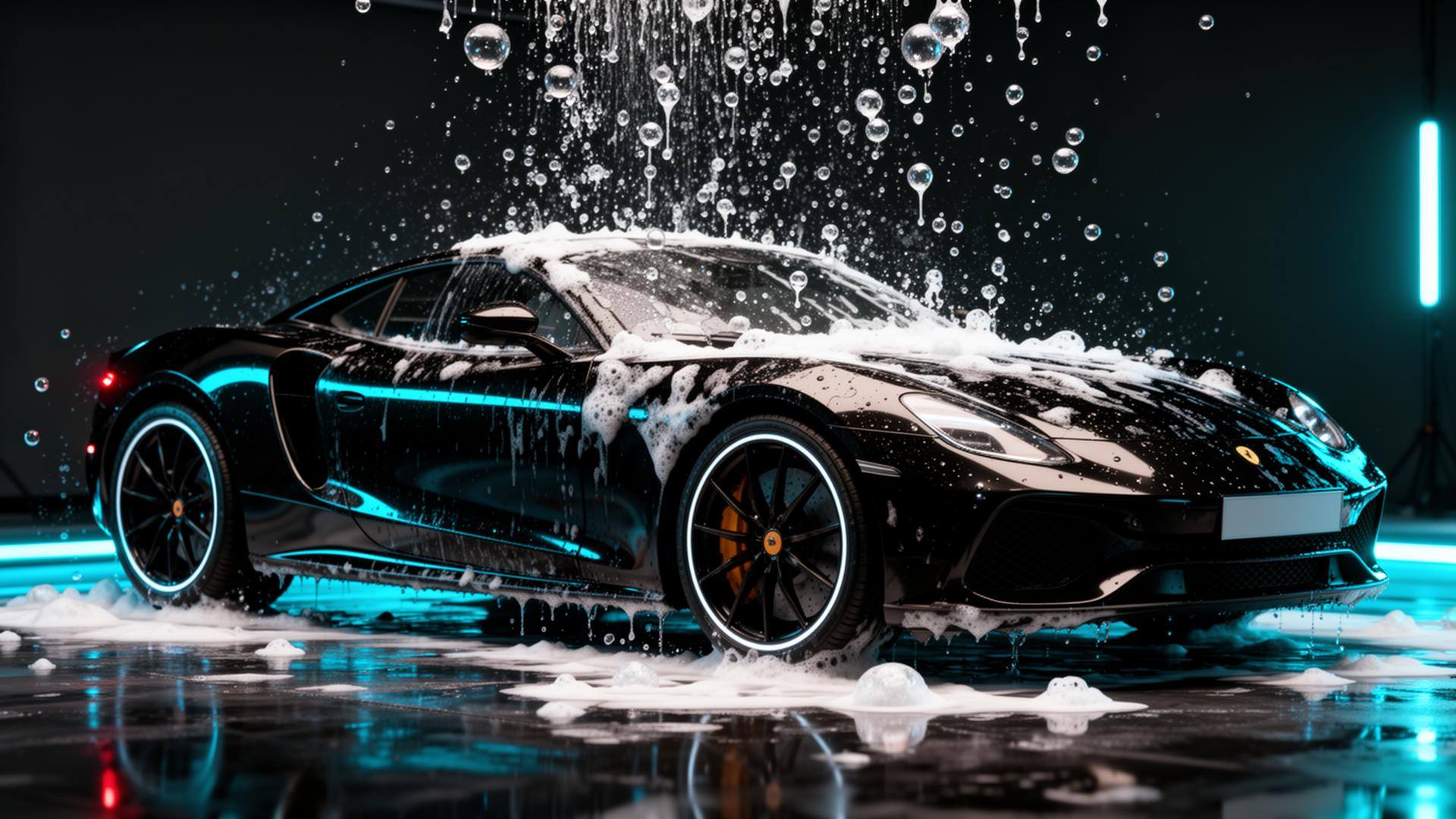 Black performance car covered in foam during a complete hand wash
